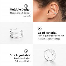 img 1 attached to Loyallook Set Of 20 Adjustable Non-Piercing Ear Cuff Earrings For Women - Stainless Steel Cartilage Clip-On Wraps, Fake Helix & Nose Rings, And Lip Cuffs