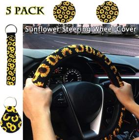 img 4 attached to 🌻 Booya Sunflower Steering Wheel Cover Set with Coasters and Key Chain - Cute and Stylish Universal Sunflower Car Accessories