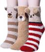women's 3-pack fuzzy winter warm slipper socks - cute animal print logo
