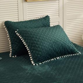 img 4 attached to LIFEREVO 2 Pack Diamond Quilted Crystal Velvet Mink Pillowcases Pompoms Fringe Decorative Throw Pillow Shams Zipper Closure Lumbar Cushion Cover For Bedroom Sofa Couch (Dark Green, King)