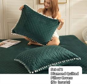 img 3 attached to LIFEREVO 2 Pack Diamond Quilted Crystal Velvet Mink Pillowcases Pompoms Fringe Decorative Throw Pillow Shams Zipper Closure Lumbar Cushion Cover For Bedroom Sofa Couch (Dark Green, King)