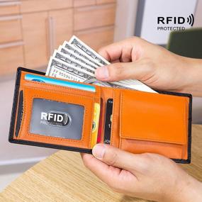img 3 attached to Мужской кожаный бумажник RFID с окошком для удостоверения личности и карманом для монет черного и оранжевого цветов от Boshiho