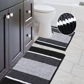 img 3 attached to H.VERSAILTEX Non-Slip Chenille Ombre Dyeing Bath Rug & Contour Mat Set - 2 Piece, Water Absorbent Striped Shag (32" X 20" Plus 20" X 20"), Black