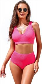 img 2 attached to Sporty High Waisted Bikini With Notch Neck Crop Top And Tummy Control Bottom For Women - Cysincos Athletic Two Piece Swimsuits In Rose L