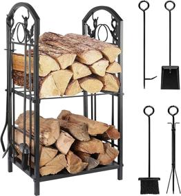 img 4 attached to Lovinouse Large Firewood Rack With Fireplace Tools Set, 2 Layer Fireplace Wood Holder For Indoor Outdoor, Wrought Iron Firewood Storage Racks For Stove