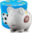 personalized sports piggy bank for boys – colorful and unique custom piggy bank for kids and babies, nursery décor, room décor – adorable coin bank for birthdays, baby shower, baptisms logo
