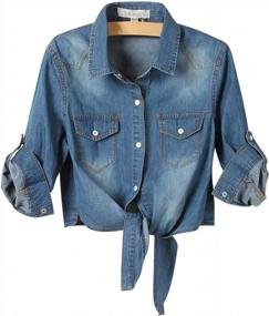img 4 attached to Women'S Roll Up 3/4 Sleeve Tie Front Knot Shirt Denim Crop Top By AMEBELLE