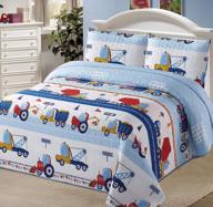 construction work road trucks twin bedspread coverlet quilt set for boys in blue, red, and yellow by kids zone home linen logo