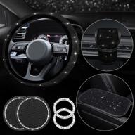 diamond bling steering wheel cover for women: stylish and functional car accessories set - foldable, universal fit 15 inch, with bling auto center console protective cover, crystal shift gear cover, car coasters, and sticker (black) логотип