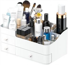 img 4 attached to White Makeup Organizer For Vanity - Cosmetic Storage Box With Drawers, Large Desk Organizer For Lipstick, Brushes, Skincare, Lotions, Perfumes, Eyeshadow & Nail Polish Bathroom Countertops