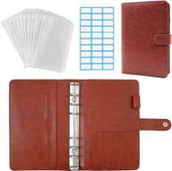 budget-friendly a6 notebook binder: 6 ring refillable loose-leaf folder with 12 pcs clear plastic zipper envelopes, card pockets, pen holder and label stickers - brown logo