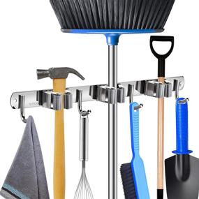 img 4 attached to Stainless Steel Wall Mounted Broom And Mop Holder With 3 Racks And 4 Hooks For Organized Storage Of Brooms, Tools And More - Ideal For Home, Kitchen, Garden And Laundry Room - (1 Pack) By ONMIER