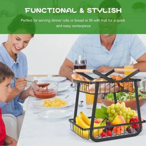 img 1 attached to Organize Your Kitchen With TBMax'S 2 Tier Fruit Basket: Metal Wire Fruit Bowl With Wooden Handle For Produce, Snack And Bread Storage In Sleek Black Design.
