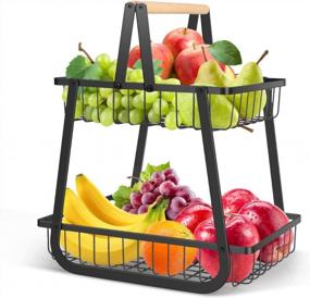 img 4 attached to Organize Your Kitchen With TBMax'S 2 Tier Fruit Basket: Metal Wire Fruit Bowl With Wooden Handle For Produce, Snack And Bread Storage In Sleek Black Design.
