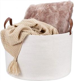 img 4 attached to White Round Cotton Rope Basket 20''X13'', Large Woven Storage Baskets With Leather Handles, LONTAN Blanket Basket Baby Laundry Hamper Dog Toy Basket For Living Room