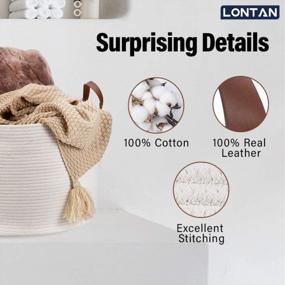 img 2 attached to White Round Cotton Rope Basket 20''X13'', Large Woven Storage Baskets With Leather Handles, LONTAN Blanket Basket Baby Laundry Hamper Dog Toy Basket For Living Room