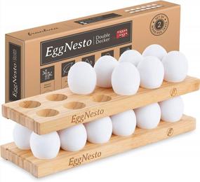 img 4 attached to Rustic Wooden Egg Holder Countertop With 2 Trays - Franluca EggNesto - Stackable 24 Egg Rack For Fresh Eggs - Perfect For Deviled Eggs - Chicken Egg Tray - 12.5X4X0.75 In.