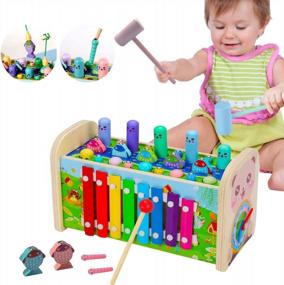 img 4 attached to Wooden Hammering Whack-A-Mole Toy Set With Xylophone, Montessori Pounding Bench, Fishing Game, Clock Learning And More For Toddlers Aged 1-6 Years