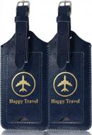 leather luggage tags 2 pack with privacy cover - suitcase id labels for women, men, kids - dark blue travel bag identifiers logo