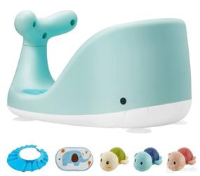 img 4 attached to 🐳 Whale Shape Baby Bath Seat for Sit-Up 6-18 Months with 4 Suction Cups Stability - Includes 3 Turtle Bath Toys, Shower Cap, and Bath Brush (Green)