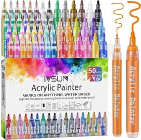 img 4 attached to IVSUN Acrylic Paint Markers, 50-Pack Extra Fine & Medium Tip For Rock Wood Metal Plastic Glass Canvas Ceramic Easter Egg Art Craft Painting Supplies Water Based.