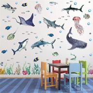 ocean animal watercolor shark wall decals – large peel and stick under the sea marine life theme stickers for nursery room, home decor, boy girl kid party supply – size: 11.2 x 34.6 inches логотип