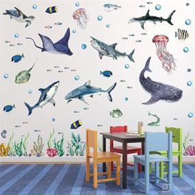 img 4 attached to Ocean Animal Watercolor Shark Wall Decals – Large Peel and Stick Under The Sea Marine Life Theme Stickers for Nursery Room, Home Decor, Boy Girl Kid Party Supply – Size: 11.2 x 34.6 Inches