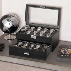img 3 attached to Luxury 20 Slot Leather Watch Box - ROTHWELL Locking Display Case W/ Real Glass Top For Men & Women (Black/Grey)