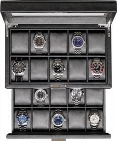 img 4 attached to Luxury 20 Slot Leather Watch Box - ROTHWELL Locking Display Case W/ Real Glass Top For Men & Women (Black/Grey)