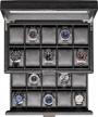 luxury 20 slot leather watch box - rothwell locking display case w/ real glass top for men & women (black/grey) logo