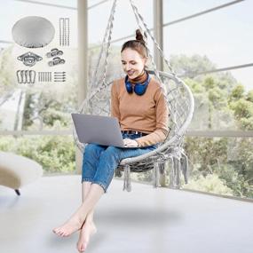 img 4 attached to Greenstell Swing Hanging Chair 330LBS/148KG Capacity, Removable & Washable Cushion, Cotton Rope Macrame Outdoor Indoor Hammock Chair With Hanging Kits - Grey