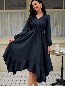 img 1 attached to ZAFUL Women'S Deep V Neck Tiered Midi Dress Long Sleeve Flowy Flutter Smocked Irregular Hem Dresses With Pockets