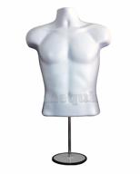male mannequin torso with stand dress form tshirt display countertop hollow back body with metal pole & hanging hook s-m clothing sizes white logo
