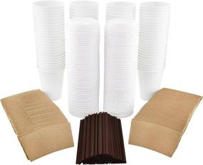 img 3 attached to 🎉 100-Pack - 12 Oz Disposable Hot Paper Coffee Cups with Lids, Sleeves, and Stirring Straws - Clean White - Also Available in 16 Oz - 4 Colors