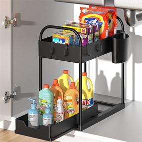 img 4 attached to ORDORA EASY SLIDE: Black Under Sink Organizer With 4 Hooks And Hanging Cup For Multi-Purpose Kitchen And Bathroom Storage