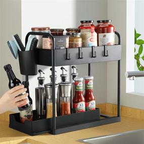 img 3 attached to ORDORA EASY SLIDE: Black Under Sink Organizer With 4 Hooks And Hanging Cup For Multi-Purpose Kitchen And Bathroom Storage