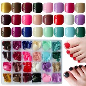 img 4 attached to 576Pc Short Square Colored Fake Toenails Glossy Artificial Pedicure Decor Full Cover Tips With Case For Women Teen Girls - LoveOurHome Press On Toenails