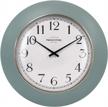 presentime & co 12" modern farmhouse kitchen wall clock, vintage design, domed lens, morning gold ring, stonewash blue/ teal color logo
