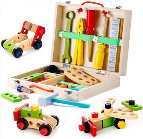 img 4 attached to Деревянный набор игрушек для инструментов – креативный подарок для мальчиков и девочек от 3 лет | Развивающие строительные детские игрушки Play Аксессуары