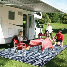 img 2 attached to 9'X12' Reversible Outdoor Plastic Straw Patio Rug RV Camping Mat, Large Floor Mat And Rug For RV, Patio, Backyard Deck Picnic Beach Trailer Camping (Navy/White)