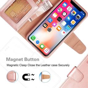 img 1 attached to 📱 Arae iPhone X/Xs Case - Genuine Leather Wallet with Wrist Straps, Kickstand, and Card Slots - Rose Gold