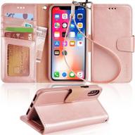 📱 arae iphone x/xs case - genuine leather wallet with wrist straps, kickstand, and card slots - rose gold логотип