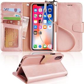 img 4 attached to 📱 Arae iPhone X/Xs Case - Genuine Leather Wallet with Wrist Straps, Kickstand, and Card Slots - Rose Gold