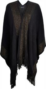img 4 attached to Women'S Shawl Knit Poncho Cardigan With Golden Trim And Fringe Wrap Blanket