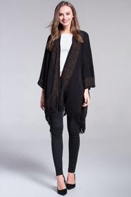 img 2 attached to Women'S Shawl Knit Poncho Cardigan With Golden Trim And Fringe Wrap Blanket