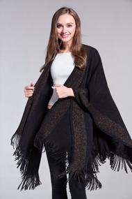 img 3 attached to Women'S Shawl Knit Poncho Cardigan With Golden Trim And Fringe Wrap Blanket