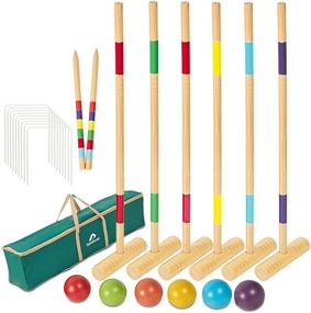 img 4 attached to Deluxe Pine Wooden Croquet Set With 6 Mallets, Balls, Wickets And Stakes For Adults/Teens/Family - Lawn Backyard Game In Large Carry Bag
