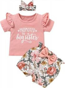 img 4 attached to Promoted To Big Sister- Floral Outfits For Baby Girls: Short Sleeve Shirt, Bowknot Shorts, And Headband- 3 Piece Clothing Set
