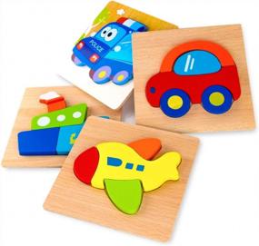img 4 attached to Educational Wooden Vehicle Puzzles For Toddlers 1-3 Years Old - 4 Patterns, Bright Colors & Custom Gift Box!