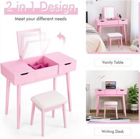 img 2 attached to CHARMAID Vanity Set With Flip Top Mirror, 2 Drawers And 9 Storage Compartments, Removable Dividers, Cushioned Stool, Writing Desk Makeup Dressing Table For Kids Girls Women, Easy Assembly (Pink)